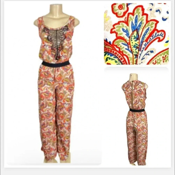 LOVE CULTURE JUMPSUIT LACE  WHITE  COLORFUL PAISLEY PRINT WIDE LEG PANTS - Picture 11 of 11